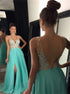 A Line Chiffon Turquoise Side Slit V Neck Rhinestones Open Back Prom Dresses LBQ1631